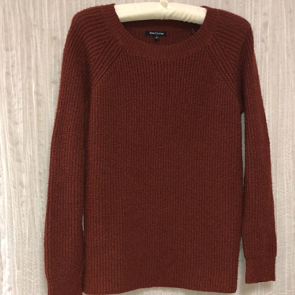Pink Clover S Soft Comfortable Rust Brown Knit Crewneck Sweater Button Details